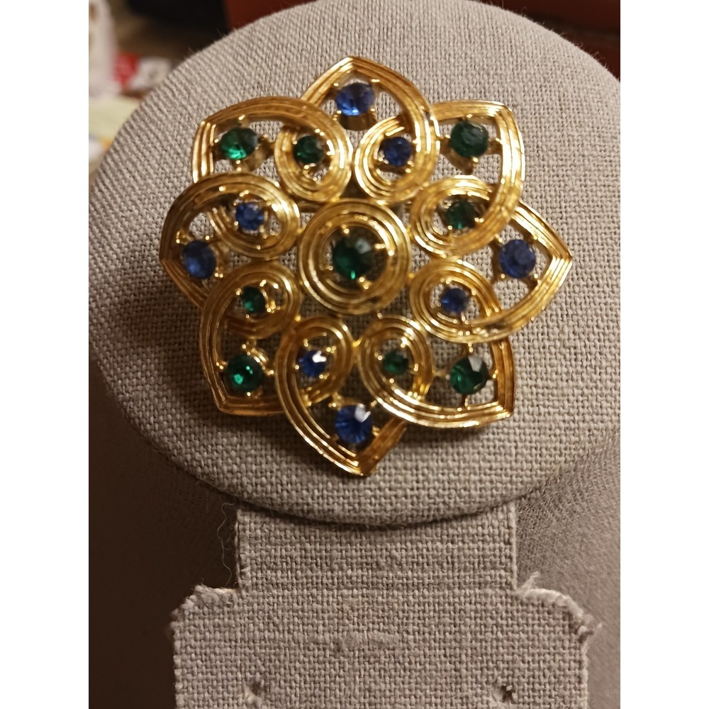 Vintage Goldtone Blue And Green Rhinestones Brooch Pin
